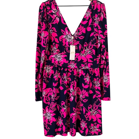 Lilly Pulitzer Dresses & Skirts - Lilly Pulitzer Miriana Dress XL Fuschia Navy Blue Long Sleeve Pullover VNeck NWT